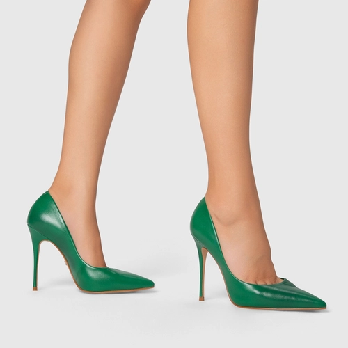 Scarpin Loretta Salto Fino Couro Verde Dark Green