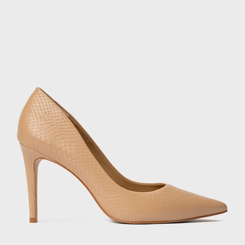 Scarpin Beatriz Salto Fino Couro Snake Bege Dune