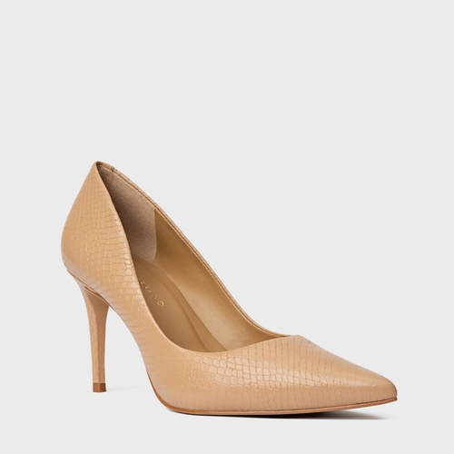 Scarpin Beatriz Salto Fino Couro Snake Bege Dune
