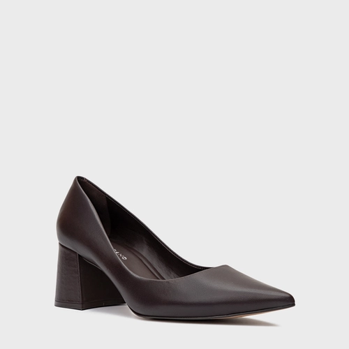 Scarpin Lauren Salto Bloco Couro Marrom Dark Chocolate