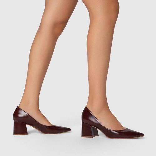 Scarpin Lauren Salto Bloco Couro Vinho Dark Mahogany