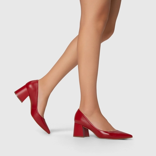 Scarpin Lauren Salto Bloco Couro Vermelho Red