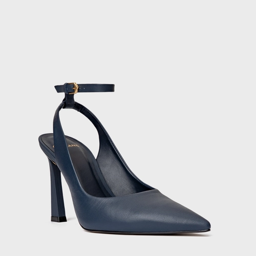 Scarpin Slingback Salto Yve Couro Azul Navy