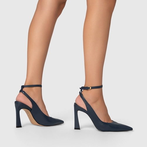Scarpin Slingback Salto Yve Couro Azul Navy