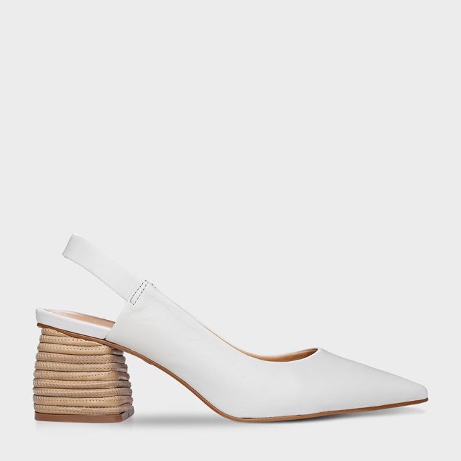 Scarpin Slingback Strings Salto Médio Bloco em Couro Branco