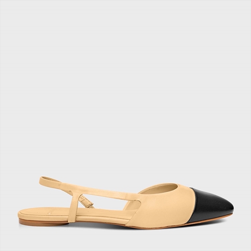 Sapatilha Slingback Cap Toe Couro Bege Crema Preto