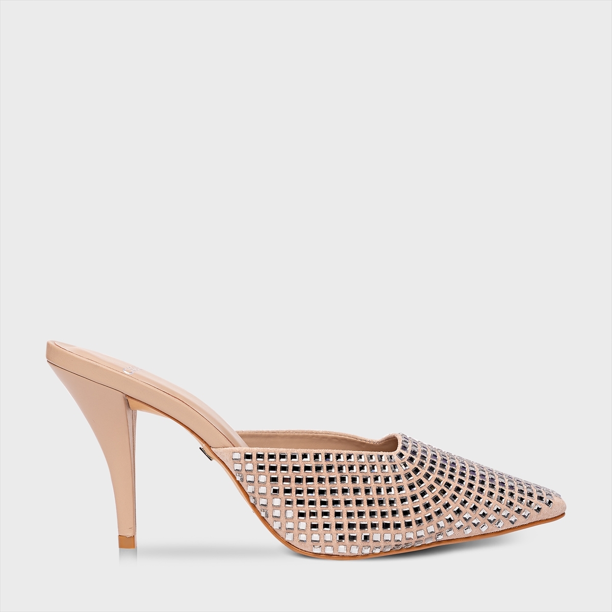 Mule Crystal Salto Fino Couro Suede Bege Bella