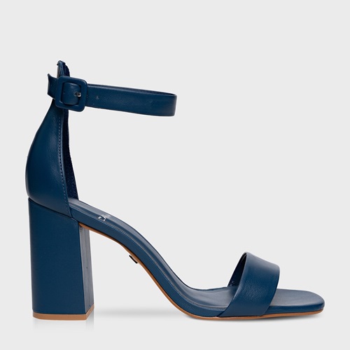 Sandália Classic Salto Bloco Couro Azul Blue Nights