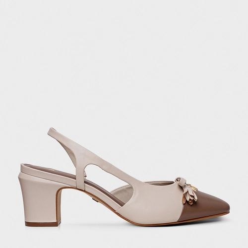 Scarpin Slingback Cap Toe Laço Couro Bege Cotton