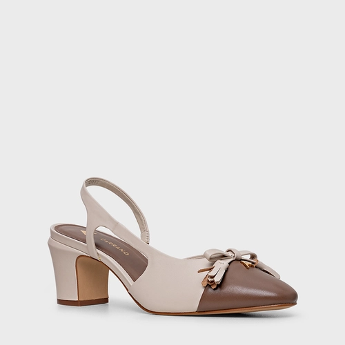 Scarpin Slingback Cap Toe Laço Couro Bege Cotton