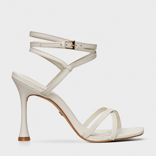 Sandália Multi Tiras Salto Fino Couro Off White Milk