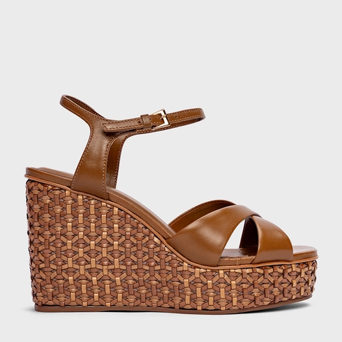 Sandália Tressê Anabela Couro Marrom Saddle