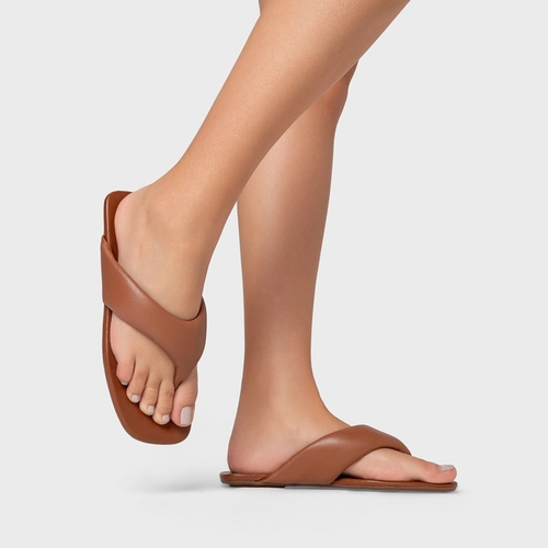 Flat Thong Couro Marrom Caramel