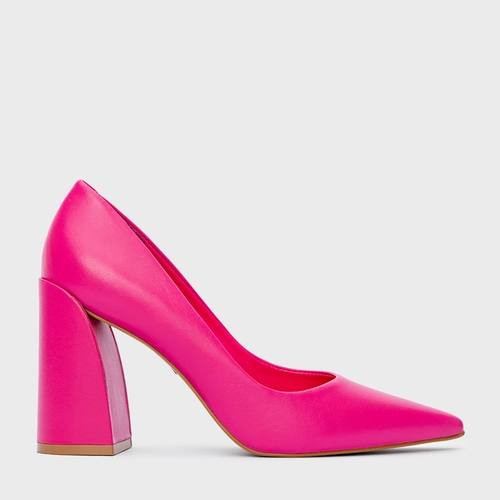 Scarpin Iza Basic Salto Bloco Couro Rosa Ultra Pink