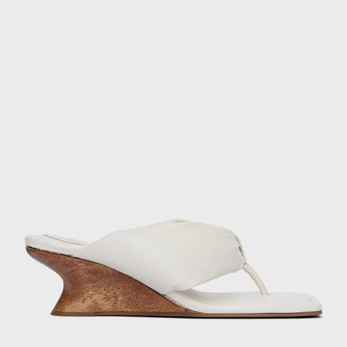 Open Mule Thong Puffy Salto Anabela Woody Couro Off White Milk