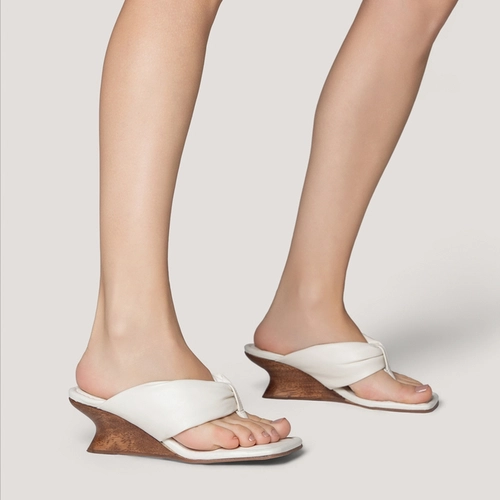 Open Mule Thong Puffy Salto Anabela Woody Couro Off White Milk