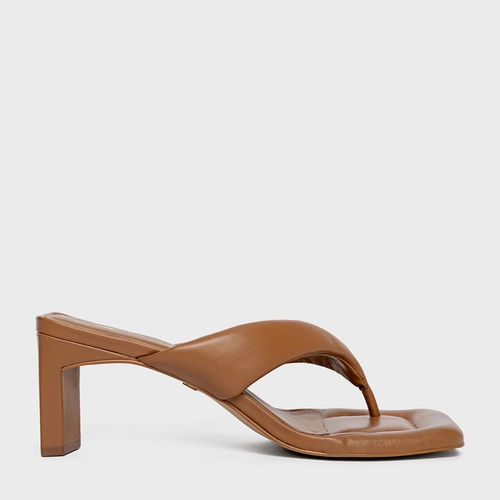 Open Mule Thong Puffy Salto Pilar Couro Marrom Ibiza