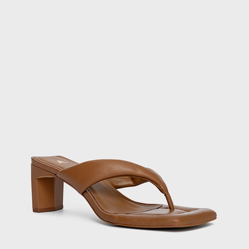 Open Mule Thong Puffy Salto Pilar Couro Marrom Ibiza