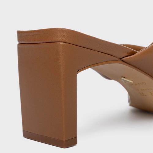Open Mule Thong Puffy Salto Pilar Couro Marrom Ibiza