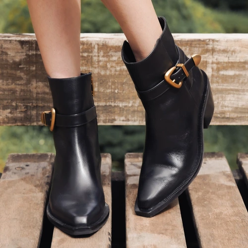 Bota Western Buckle Salto Bloco Couro Preto