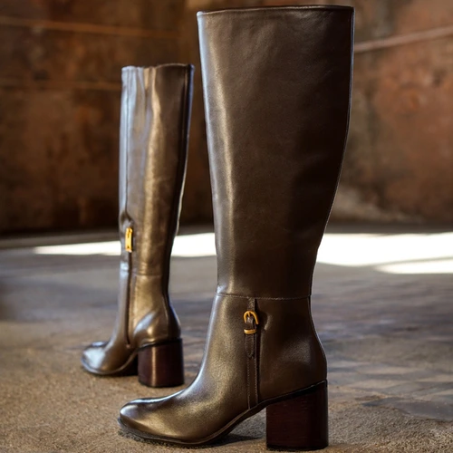 Bota Eternal Cano Alto Salto Bloco Couro Marrom Dark Brown