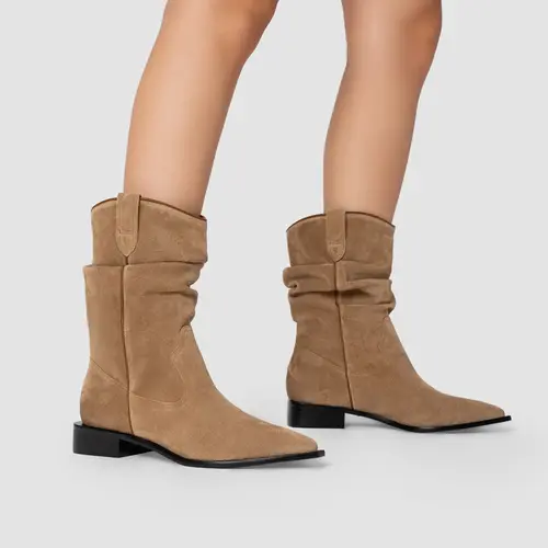 Bota Western Slouchy Couro Suede Bege Almond