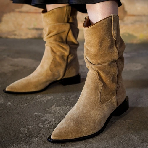 Bota Western Slouchy Couro Suede Bege Almond