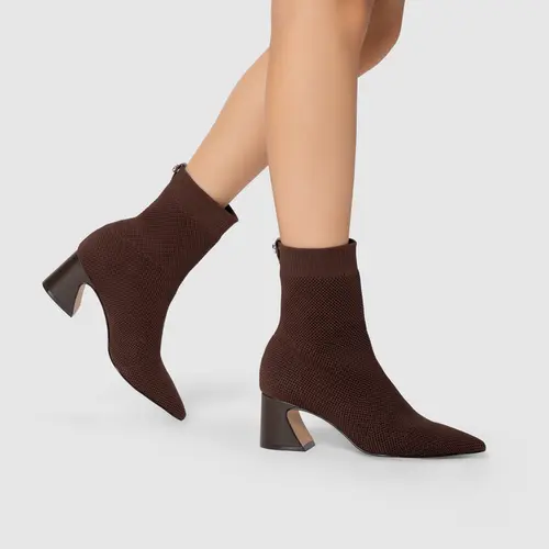 Bota Meia Salto Wave Knit Marrom Dark Brown