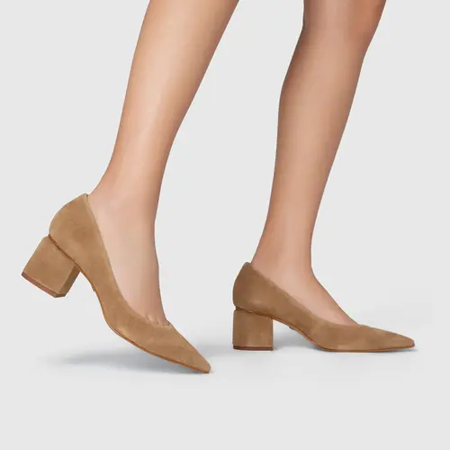 Scarpin Serena Salto Bloco Couro Suede Bege Almond