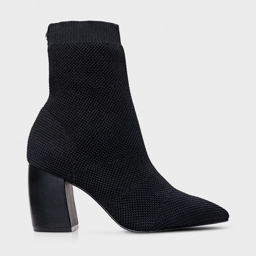 Bota Meia Salto Bloco Alto Knit Preto