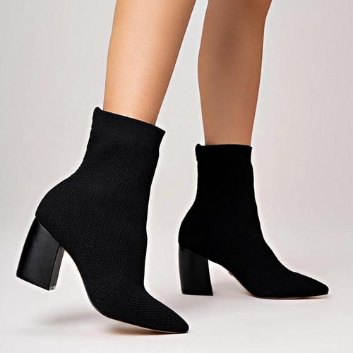 Bota Meia Salto Bloco Alto Knit Preto
