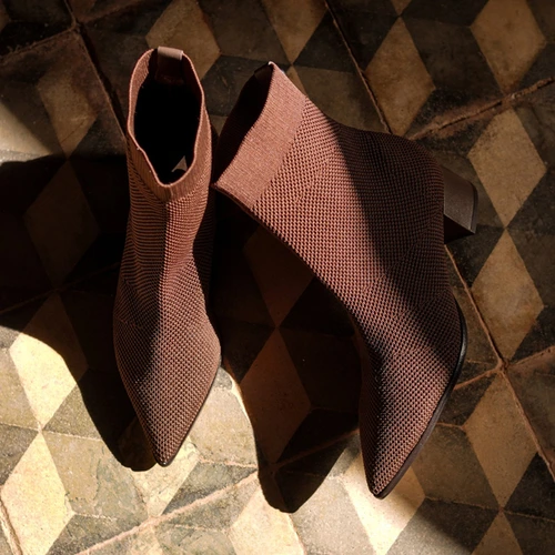 Bota Meia Salto Bloco Knit Marrom Dark Brown