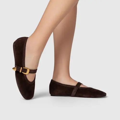 Sapatilha Detalhe Fivela Couro Suede Marrom Ganache