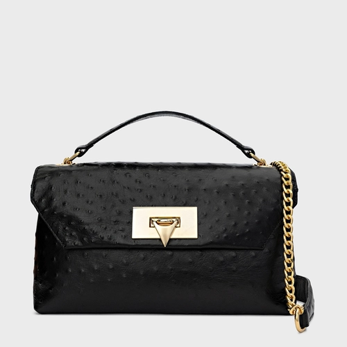 Bolsa Shoulder Helene Média Couro Struzzo Preto