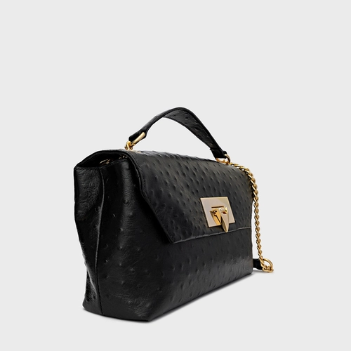 Bolsa Shoulder Helene Média Couro Struzzo Preto