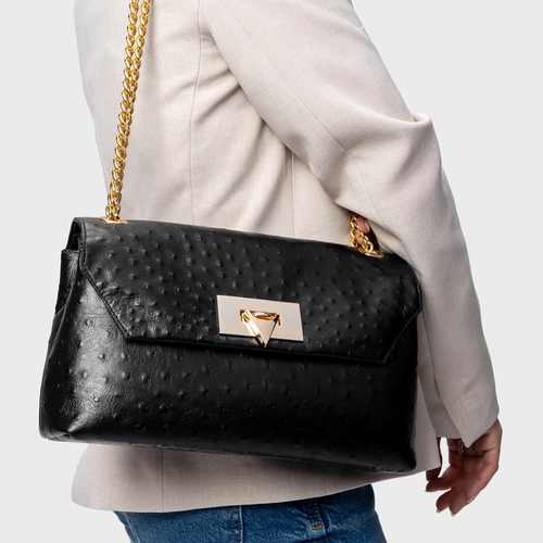 Bolsa Shoulder Helene Média Couro Struzzo Preto