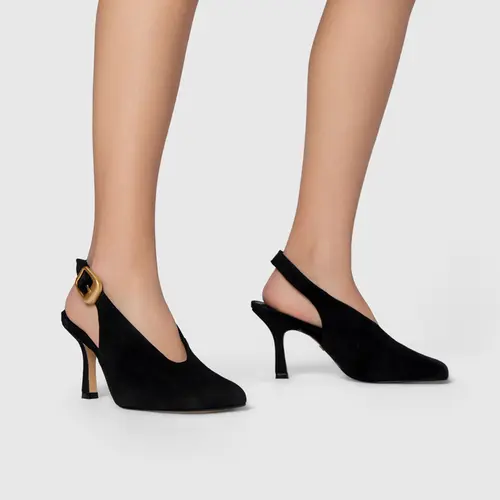 Scarpin Slingback Buckle Salto Fino Couro Suede Preto
