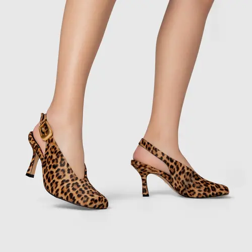 Scarpin Slingback Buckle Salto Fino Pelo Animal Print Honey
