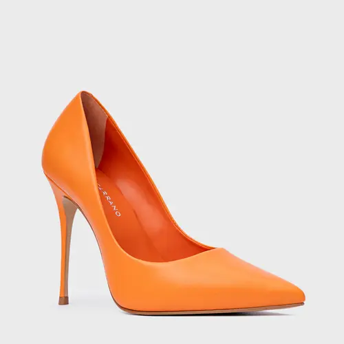 Scarpin Loretta Salto Fino Couro Laranja Caju