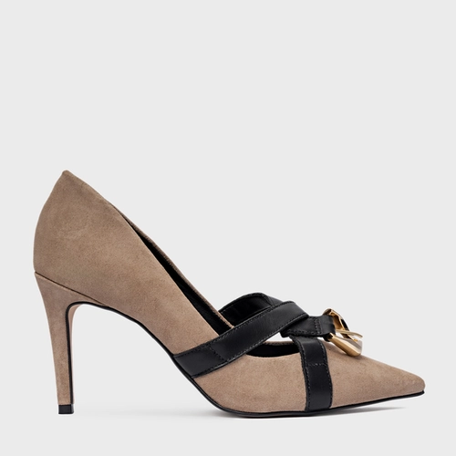 Scarpin Detalhe Fivela Salto Fino Couro Suede Bege Funghi
