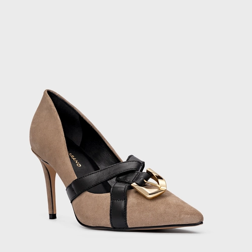 Scarpin Detalhe Fivela Salto Fino Couro Suede Bege Funghi