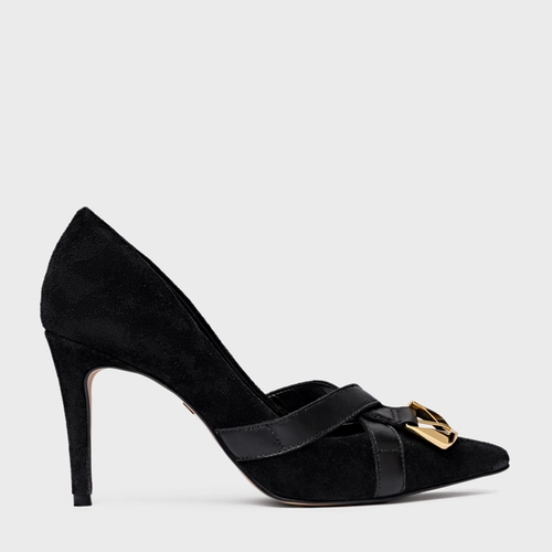 Scarpin Detalhe Fivela Salto Fino Couro Suede Preto