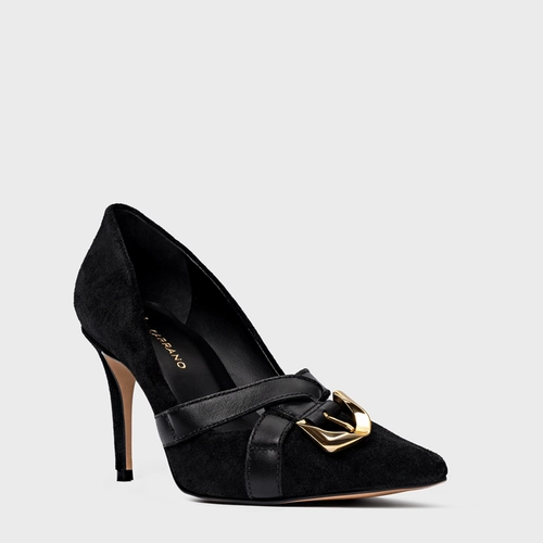Scarpin Detalhe Fivela Salto Fino Couro Suede Preto
