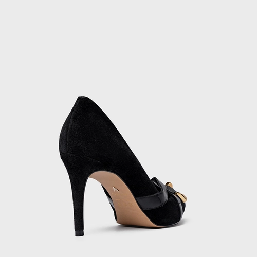 Scarpin Detalhe Fivela Salto Fino Couro Suede Preto
