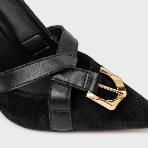 Scarpin Detalhe Fivela Salto Fino Couro Suede Preto