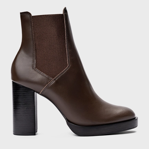 Bota Coturno Basic Salto Bloco Couro Marrom Dark Brown