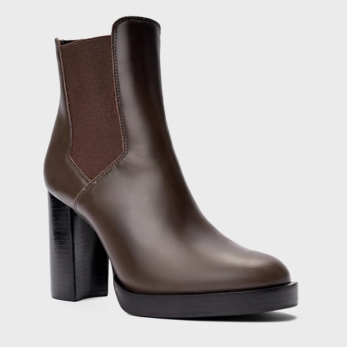 Bota Coturno Basic Salto Bloco Couro Marrom Dark Brown