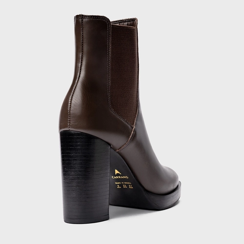 Bota Coturno Basic Salto Bloco Couro Marrom Dark Brown