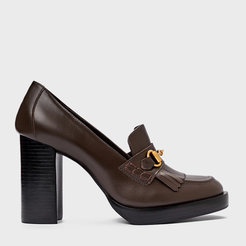 Scarpin Loafer Fringes Bridão Salto Bloco Couro Marrom Dark Brown