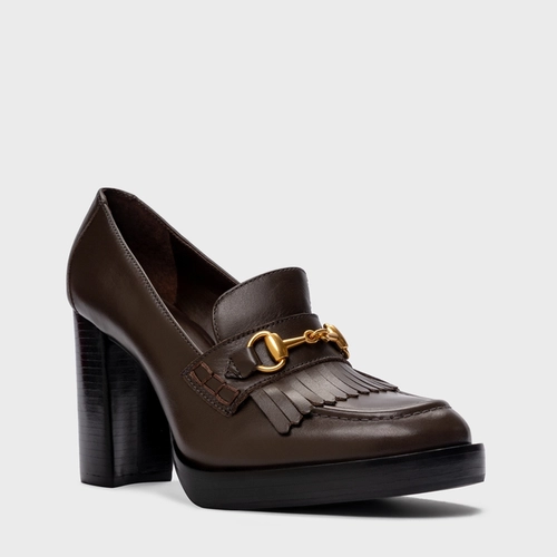 Scarpin Loafer Fringes Bridão Salto Bloco Couro Marrom Dark Brown